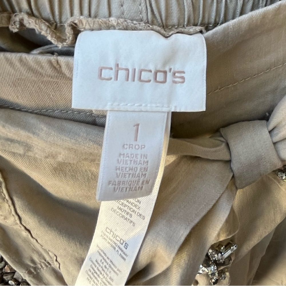 Chico’s Casual Jeweled Linen Cargo Khaki Cropped Pants - Picture 6 of 7